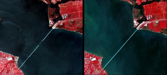 Interstate 10 across Pensacola Bay, Florida was severely damaged by Hurricane Ivan. This image was acquired by NASA's Terra satellite on September 21, 2004.