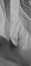 NASA's Mars Global Surveyor shows a thick, massive outcrop of light-toned rock exposed within eastern Candor Chasma, part of the vast Valles Marineris trough system on Mars. Dark, windblown sand has banked against the lower outcrop slopes.