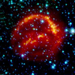 This composite image represent views of Kepler's supernova remnant taken in X-rays, visible light, and infrared radiation.