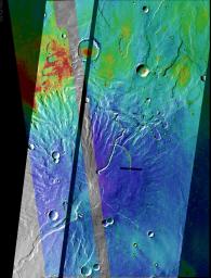 This false-color image released on Oct 15, 2004 from NASA's 2001 Mars Odyssey shows Tyrrhena Patera on Mars colorized with a mosaic of nighttime temperature images (purple/blue is coldest, yellow/red is warmest).