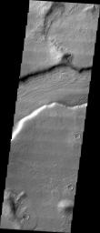 This image released on Oct 19, 2004 from NASA's 2001 Mars Odyssey shows Reull Vallis, located in the Martian southern highlands, just east of Hellas Basin.