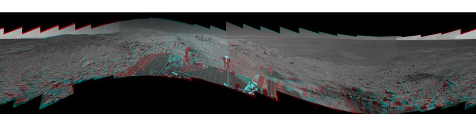 The highest point visible in this panoramic anaglyph from on NASA's Mars Exploration Rover Spirit is 'Husband Hill,' named for space shuttle Columbia Commander Rick Husband. 3D glasses are necessary to view this image.