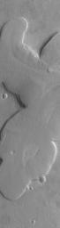 NASA's Mars Global Surveyor shows shallow tributary valleys in the Ismenius Lacus fretted terrain region of Mars. These valleys exhibit a variety of typical fretted terrain valley wall and floor textures, and a lineated, pitted material.