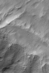 NASA's Mars Global Surveyor shows a concentrated field of small impact craters. These craters pocked windblown ripples as well as the smooth-surfaced terrain. These are secondary craters.