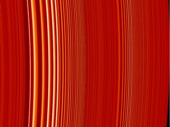 This false color image of two density waves in Saturn's A ring was made from the stellar occultation observed by NASA's Cassini's ultraviolet imaging spectrograph when the spacecraft was 6.3 million kilometers (4 million miles) from Saturn.