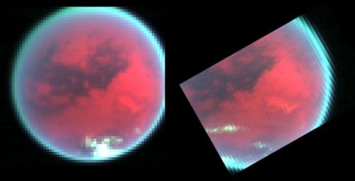 Evidence of changing weather patterns in the skies over Titan's southern region are revealed in these false color images obtained by NASA's Cassini spacecraft's visual infrared mapping spectrometer.