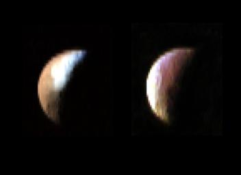 These two color composite images of Saturn's moon Iapetus from NASA's Cassini's visual and infrared mapping spectrometer were obtained on Dec. 31, 2004, an hour and a half before the New Year.