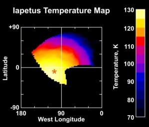 This temperature map of Saturn's moon Iapetus is constructed from observations of Iapetus's infrared heat radiation taken with NASA's Cassini composite infrared spectrometer instrument during the Dec. 31, 2004 flyby.