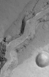 NASA's Mars Global Surveyor shows a portion of the youngest channel system in the Kasei Valles on Mars. Torrents of mud, rocks, and water carved this channel as flow was constricted through a narrow portion of the valley.