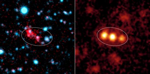 Blobs are intensely glowing clouds of hot hydrogen gas that envelop faraway galaxies. NASA's Spitzer Space Telescope was able to see the dusty galaxies tucked inside one well-known blob located 11 billion light-years away.