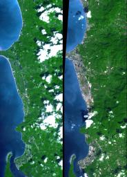 The island of Phuket on the Indian Ocean coast of Thailand is a major tourist destination and was also in the path of the tsunami that washed ashore on December 26, 2004. Images were acquired by NASA's Terra spacecraft.