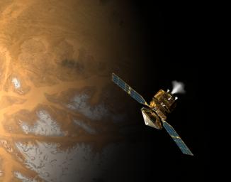 This is an artist's concept of NASA's Mars Reconnaissance Orbiter during the critical process of Mars orbit insertion.
