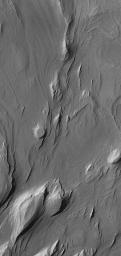 NASA's Mars Global Surveyor shows layered rocks, in some areas eroded by wind to form yardangs, in eastern Candor Chasma, one of the troughs of the Valles Marineris system on Mars.