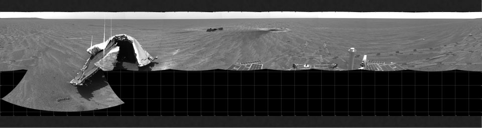 NASA's Mars Exploration Rover Opportunity captured this 360-degree panorama on Jan. 21, 2005. On the far right is a basketball-size rock dubbed 'Heat Shield Rock,' which Opportunity's inspection identified as an iron-nickel meteorite.