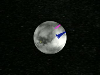This frame from an animation shows NASA's Cassini spacecraft approaching Titan. The strips of data on the globe represent areas observed with NASA's Cassini radar instrument.