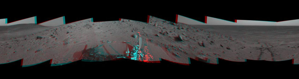 On Feb. 4, 2005, NASA's Mars Exploration Rover Spirit had driven about 13 meters (43 feet) uphill toward 'Cumberland Ridge.' 3D glasses are necessary to view this image.