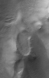 NASA's Mars Global Surveyor shows landforms, including large, windblown ripples, on the floor of the ancient, giant Argyre impact basin on Mars.