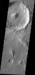 This image taken by NASA's Mars Odyssey shows a crater on Mars located in Elysium Planitia containing a well-preserved central peak, in contrast with the slumped crater walls. 