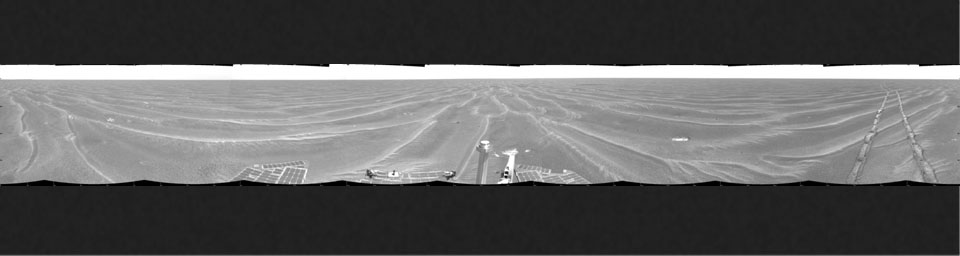 NASA's Mars Exploration Rover Opportunity took the images combined into this 360-degree view of the rover's surroundings onMarch 6, 2005. Opportunity had completed a drive of 124 meters (407 feet) across the rippled flatland of the Meridiani Planum region