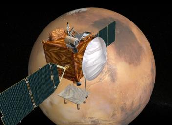 This illustration depicts a concept for NASA's Mars Telecommunications Orbiter in flight around Mars.