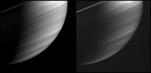These two images, taken 10 minutes apart, demonstrate NASA's Cassini spacecraft's ability to see the different depths of Saturn's immense atmosphere, using an array of specially designed spectral filters.