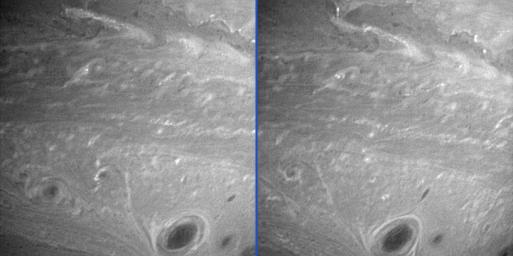 These images were taken by NASA's Cassini spacecraft on July 4 and 5, 2005, showing vortices mingling amidst other turbulent motions in Saturn's atmosphere.