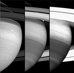 This frame from a movie, shows Saturn's rotation in three different spectral filters, demonstrates NASA's Cassini spacecraft's ability to probe various levels within the planet's outer cloud layers.