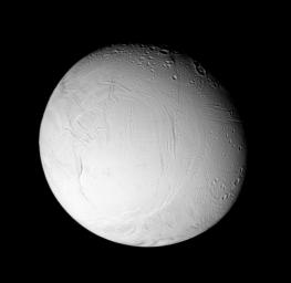 This image from NASA's Cassini spacecraft shows wrinkles and cracks have reworked the surface of Saturn's moon Enceladus, perhaps due to the influence of tidal stresses.