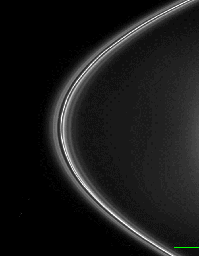 A solitary clump-like feature in Saturn's F ring orbits past in this frame from a movie sequence made from NASA's Cassini images.