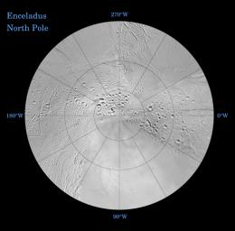 The southern hemisphere of Enceladus is seen in this polar stereographic map, mosaicked from the best-available NASA's Cassini and Voyager clear-filter images.