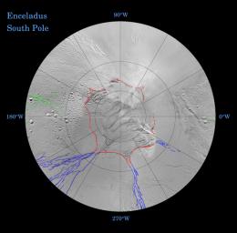 Fractures on the surface of Enceladus record a long and complex history of tectonic activity. This map is a polar stereographic projection that was mosaicked from the best-available NASA Cassini and Voyager clear-filter images.