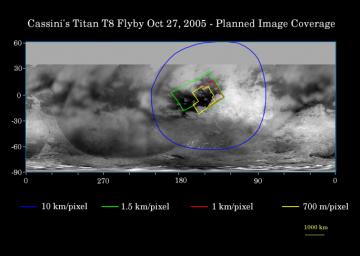 This map of Titan's surface illustrates the regions that will be viewed by the imaging cameras onboard NASA's Cassini spacecraft during the spacecraft's close flyby of Titan on Oct. 28, 2005.