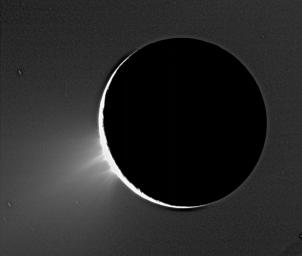 Recent Cassini images of Saturn's moon Enceladus backlit by the sun show the fountain-like sources of the fine spray of material that towers over the south polar region. This image was acquired by NASA's Cassini spacecraft on Nov. 27, 2005.