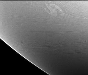 This image from NASA's Cassini spacecraft shows a rare and powerful storm on the night side of Saturn.