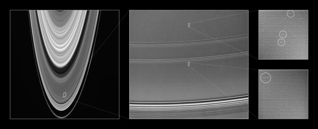 This collection images from NASA's Cassini spacecraft. provides context for understanding the location and scale of propeller-shaped features observed within Saturn's A ring.