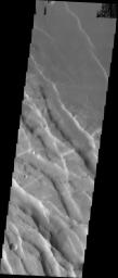 This image taken by NASA's Mars Odyssey shows graben in the region between Arsia Mons and Syria Planum on Mars. The older northeast trending graben have been cut by the younger southeast trending graben.