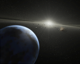 Evidence for this possible belt was discovered by NASA's Spitzer Space Telescope when it spotted warm dust around the star, presumably from asteroids smashing together. This is an artist's concept.