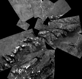 This mosaic from NASA's Descent Imager/Spectral Radiometer camera on the European Space Agency's Huygens probe combines 17 image triplets, projected from an altitude of 800 meters (2,625 feet).