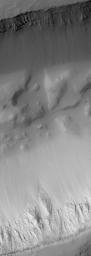 NASA's Mars Global Surveyor shows layers of bedrock exposed in the walls on both sides of an east-west-trending trough in the Memnonia/Mangala Valles region. Large boulders released from these rocky trough walls are found on the slopes and on the trough.