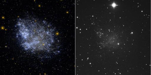 This ultraviolet image (left) and visual image (right) from NASA's Galaxy Evolution Explorer is of the irregular dwarf galaxy IC 1613.