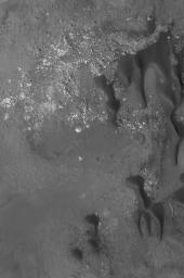NASA's Mars Global Surveyor shows dark-toned sand dunes on the floor of Stokes Crater, located on the martian northern plains.