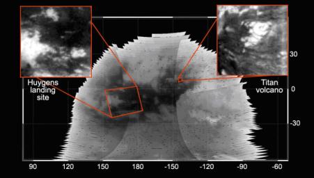 On Oct. 26, 2004, NASA's Cassini spacecraft flew over Saturn's moon Titan at less than 1,200 kilometers at closest approach. Cassini acquired several infrared images with spatial resolution ranging from a few tens of kilometers to 2 kilometers per pixel.
