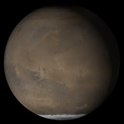 This composite of Mars Global Surveyor daily global images acquired at Ls 211 during a previous Mars year shows the Elysium/Mare Cimmerium face of Mars. This month, Mars looks similar, as Ls 211 occurred in mid-May 2005.