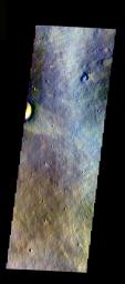 This false-color image from NASA's Mars Odyssey spacecraft shows the eastern flank of Elysium Mons volcano, taken during Mars' northern spring season.