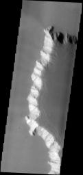 The eastern wall of Echus Chasma on Mars has numerous dust avalanches as seen by NASA's 2001 Mars Odyssey spacecraft.
