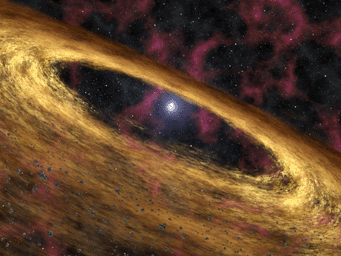 This artist's concept depicts a type of dead star called a pulsar and the surrounding disk of rubble discovered by NASA's Spitzer Space Telescope. The pulsar, called 4U 0142+61, was once a massive star until about 100,000 years ago.