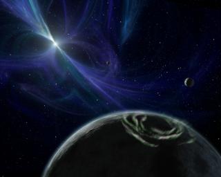 This artist's concept depicts the pulsar planet system discovered by Aleksander Wolszczan in 1992. Wolszczan used the Arecibo radio telescope in Puerto Rico to find three planets circling a pulsar called PSR B1257+12.