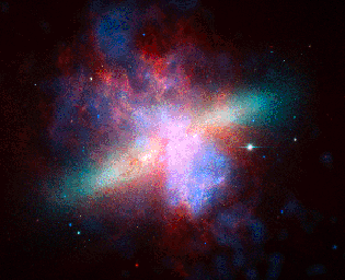 NASA's Spitzer, Hubble and Chandra space observatories teamed up to create this multi-wavelength, false-colored view of the M82 galaxy. The lively 
portrait celebrates Hubble's 'sweet sixteen' birthday.