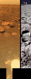 This poster shows a composite view from the descent imager/spectral radiometer taken while the European Space Agency's Huygens probe was setting on Titan's surface, juxtaposed with a similarly scaled picture taken on the Moon's surface.