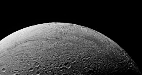 The wrinkled border of Enceladus' south polar region snakes across this view from NASA's Cassini spacecraft, separating fresher, younger terrain from more ancient, cratered provinces.